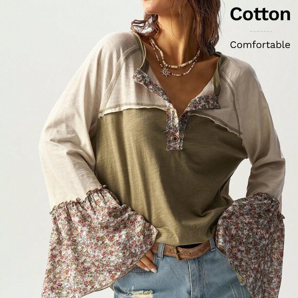 multicolor Casual Women's Boho Loose Fit flared sleeve top - Picture 3 of 8